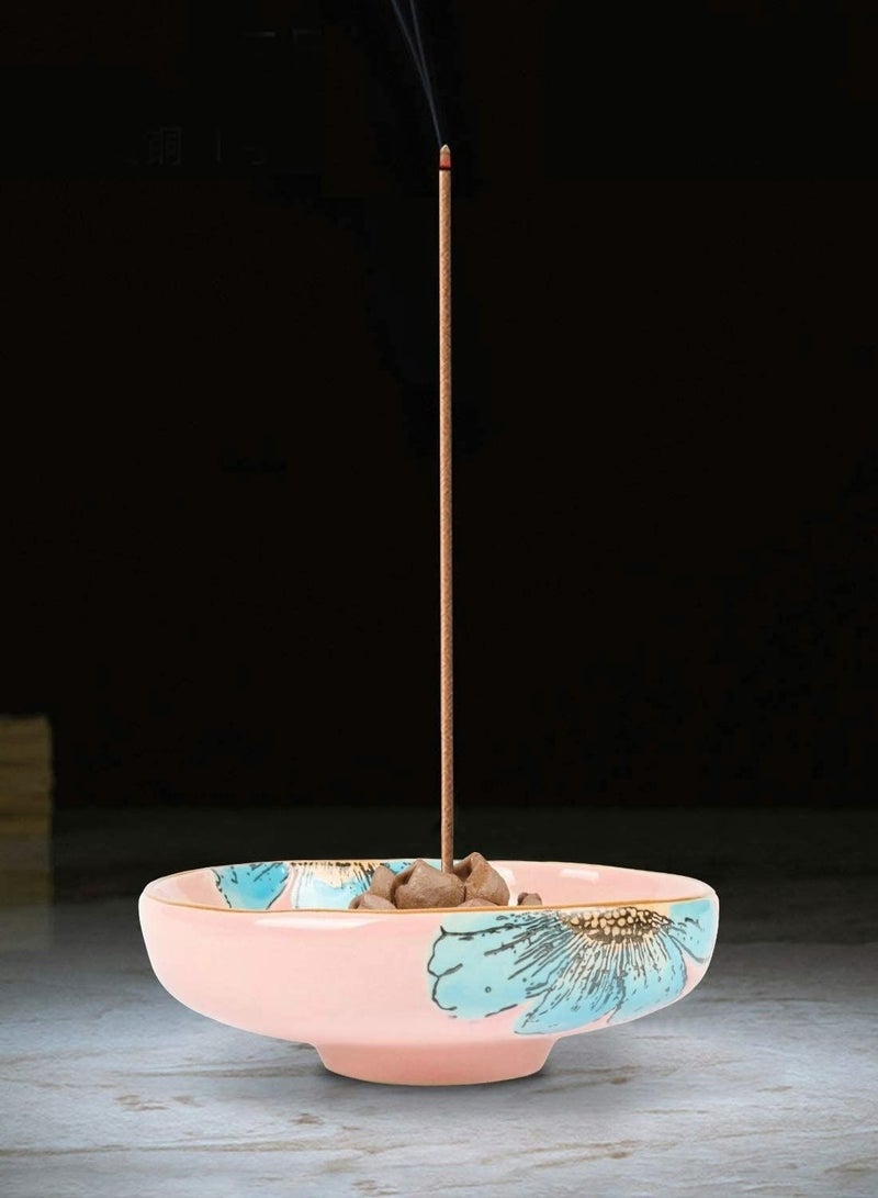 Captaintech Incense Burner Holder, 3 Holes Ceramic Incense Holder, Ash Catcher Tray Round Bowl Aromatherapy Ornament Incense Sticks Holder (Pink Tray with Flower) - Image 2
