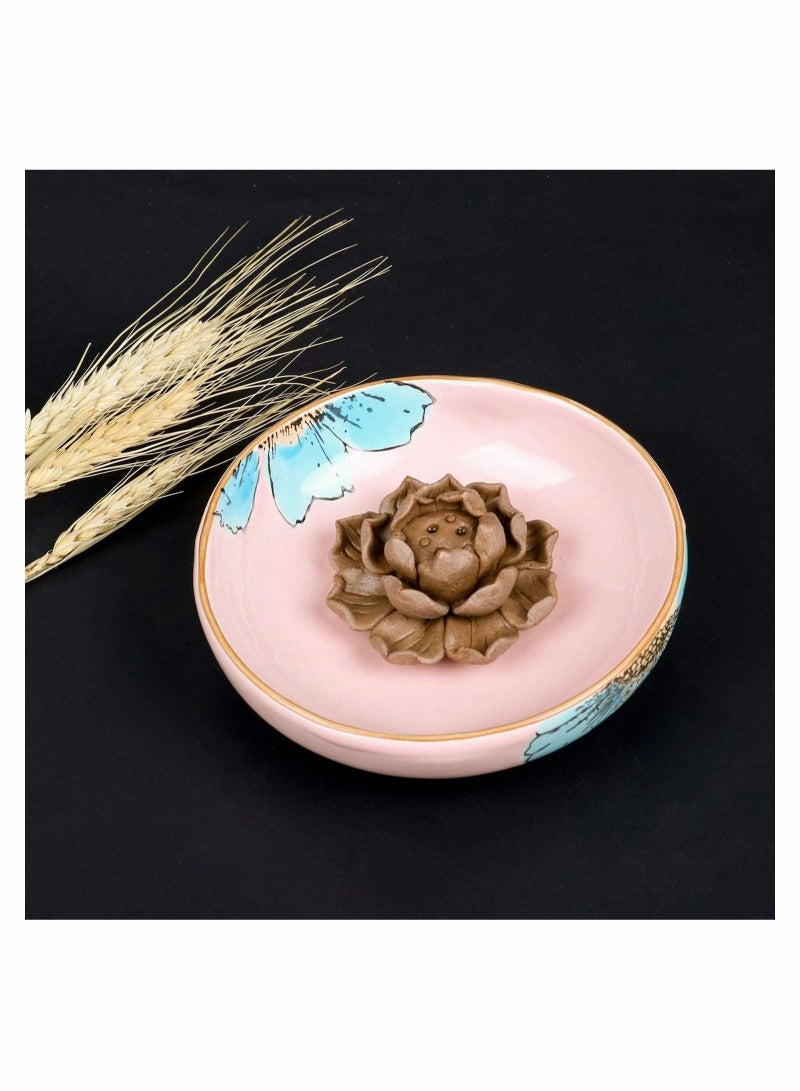 Captaintech Incense Burner Holder, 3 Holes Ceramic Incense Holder, Ash Catcher Tray Round Bowl Aromatherapy Ornament Incense Sticks Holder (Pink Tray with Flower) - Image 3