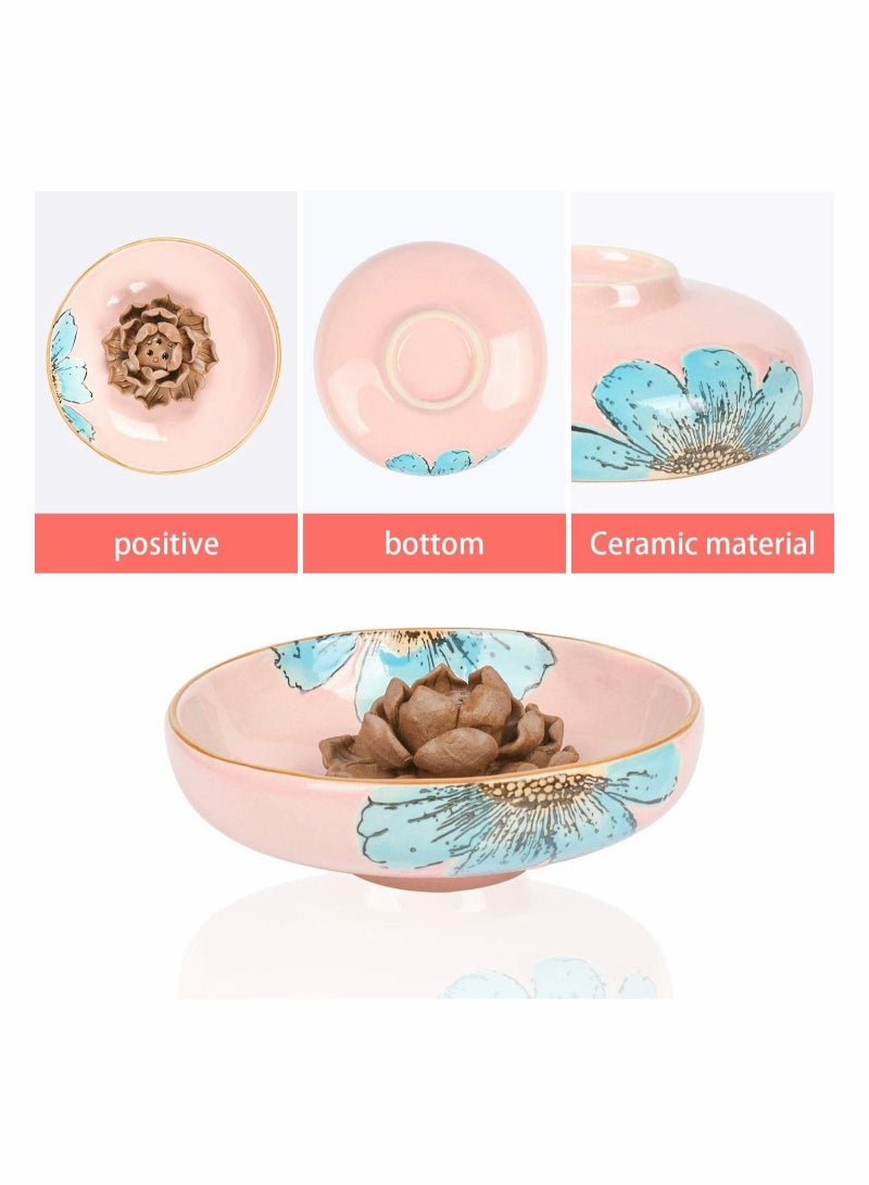 Captaintech Incense Burner Holder, 3 Holes Ceramic Incense Holder, Ash Catcher Tray Round Bowl Aromatherapy Ornament Incense Sticks Holder (Pink Tray with Flower) - Image 5