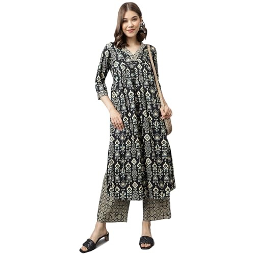 FIORRA Women's Black Cotton A-Line Kurta with Palazzo SET0099 Black - Image 5