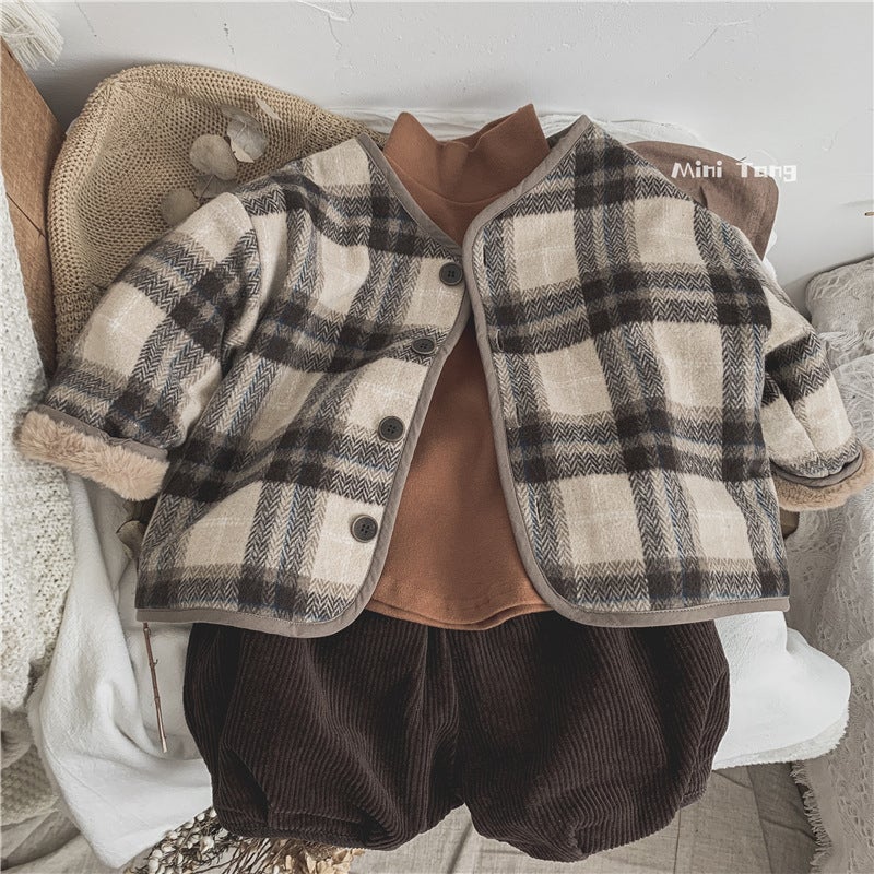 Boys and Girls autumn and winter plaid long-sleeved coat 2023 new childrens fashionable fleece-lined thick Korean style cardigan top Khaki 