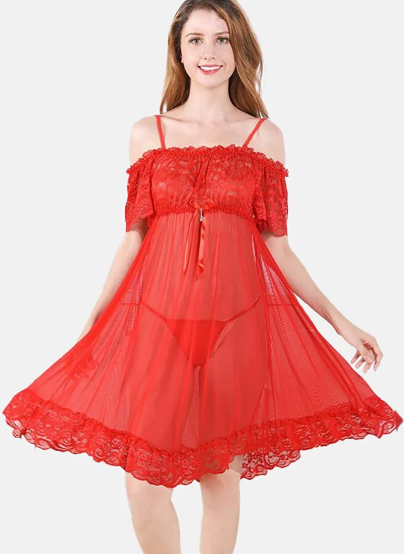 YUNIQEE Red Solid Babydoll With Briefs