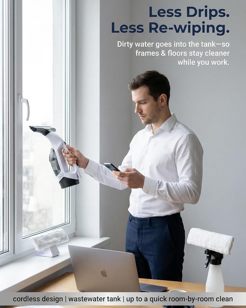 ALLESM Window Cleaner & Glass Cleaner Kit,Window Vacuum Cleaner Cordless Electric Handheld,Suction Window Squeegee with Spray Bottle,Cloth Holder 2 Microfiber Cloths for Windows, Mirrors, Shower Glass,Tiles - Image 3