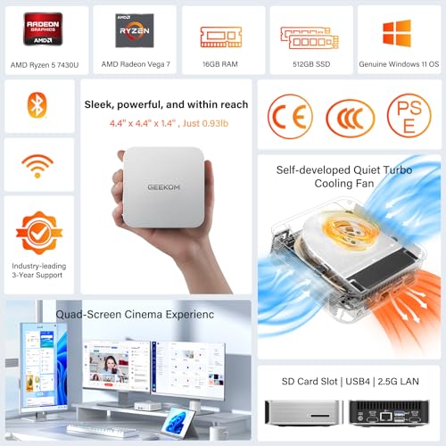 GEEKOM A5 Pro Efficient Mini PC,with AMD Ryzen-5 7430U, 16GB RAM＆512GB SSD|3 Year Warranty|Multi-Screen Collaboration|Win11 Pro|8K Graphic Design|Wi-Fi 6|BT 5.2|6xUSB|SD Slot|Office＆Home Must Have - Image 2