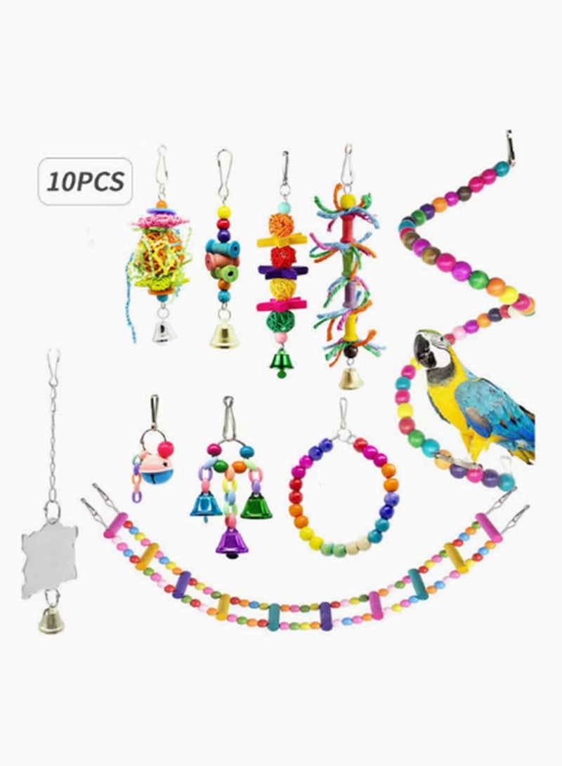 10-Piece Bird Swing Chewing Toy Set With Hammock Bell Multicolour 27 x 24cm,Bird Toy - Image 1