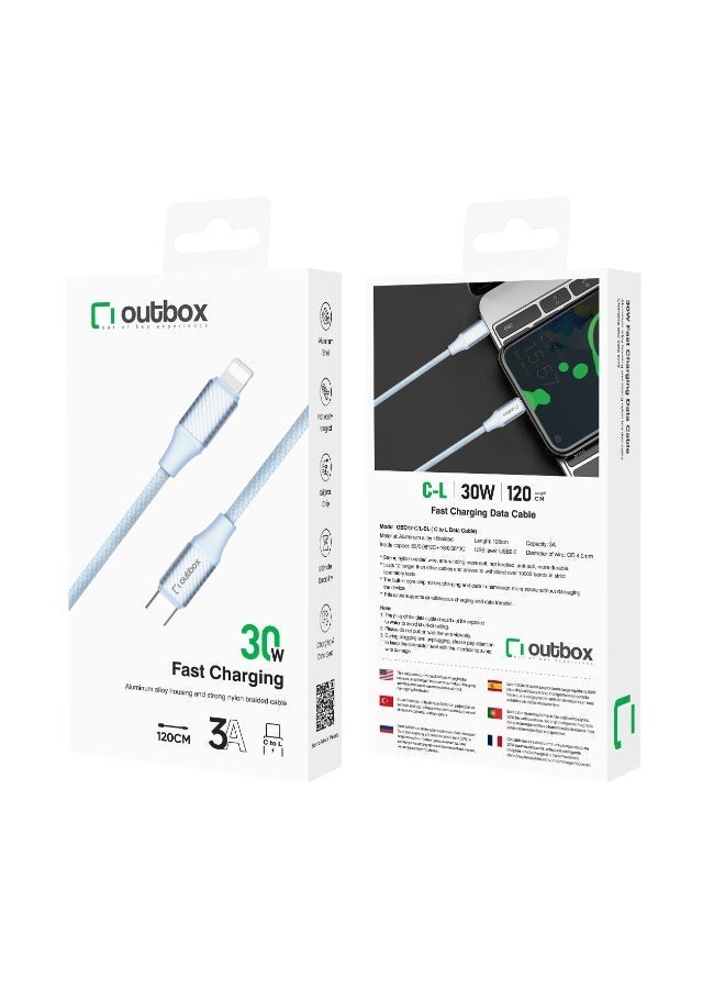 أوت بوكس Outbox كابل شحن سريع مضفّر من USB-C إلى Lightning — 30W، 3A، طول 1.2م، أزرق - Image 2