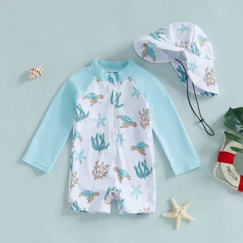 ZyHwShine Toddler Infant Baby Boy Swimsuit Newborn Rash Guard Baby Boys Girls One Piece Zipper Bathing Suit Swimwear with Hat (a-Ivory, 0-3 Months) - Image 3