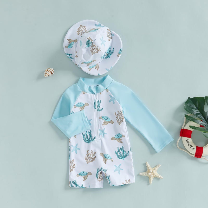 ZyHwShine Toddler Infant Baby Boy Swimsuit Newborn Rash Guard Baby Boys Girls One Piece Zipper Bathing Suit Swimwear with Hat (a-Ivory, 0-3 Months) - Image 4