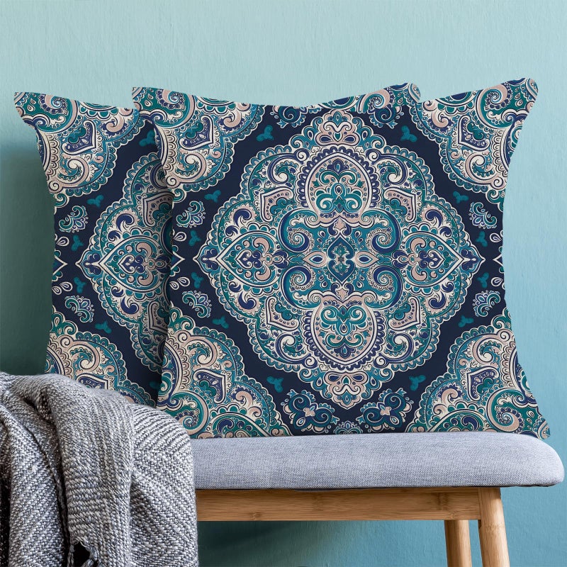 AEIOAE Navy Blue Boho Pillow Covers 18x18 Inch Set of 2 Aqua Teal Carpet Pattern Throw Pillows Case Ethnic Design Retro Outdoor Decorative Square Linen Farmhouse Decor Cushion Covers for Sofa Couch - Image 2