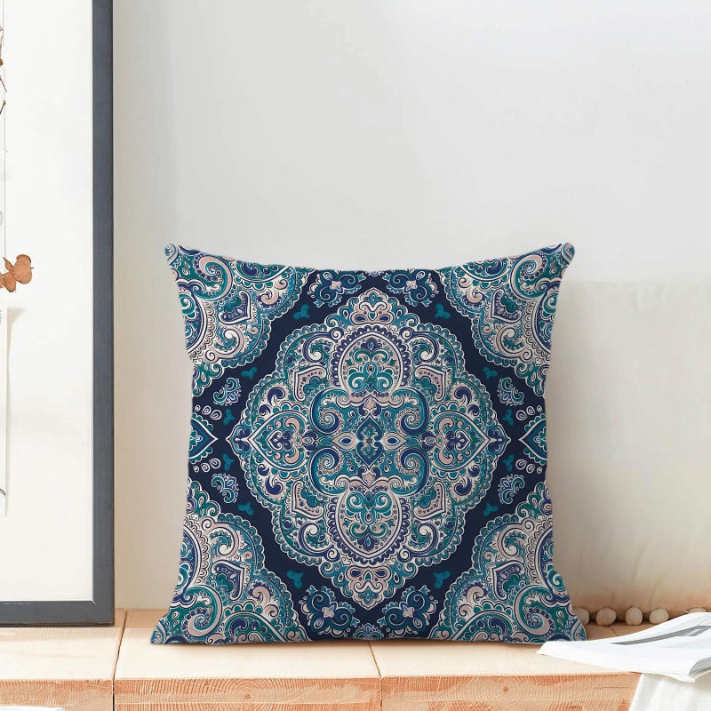 AEIOAE Navy Blue Boho Pillow Covers 18x18 Inch Set of 2 Aqua Teal Carpet Pattern Throw Pillows Case Ethnic Design Retro Outdoor Decorative Square Linen Farmhouse Decor Cushion Covers for Sofa Couch - Image 3