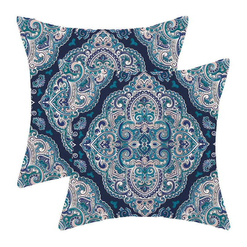 AEIOAE Navy Blue Boho Pillow Covers 18x18 Inch Set of 2 Aqua Teal Carpet Pattern Throw Pillows Case Ethnic Design Retro Outdoor Decorative Square Linen Farmhouse Decor Cushion Covers for Sofa Couch - Image 1