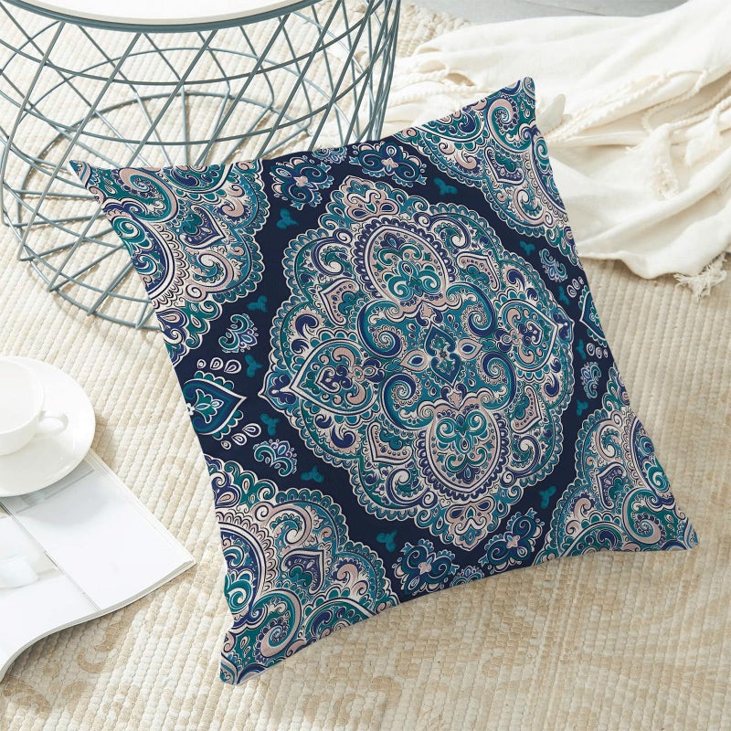 AEIOAE Navy Blue Boho Pillow Covers 18x18 Inch Set of 2 Aqua Teal Carpet Pattern Throw Pillows Case Ethnic Design Retro Outdoor Decorative Square Linen Farmhouse Decor Cushion Covers for Sofa Couch - Image 4