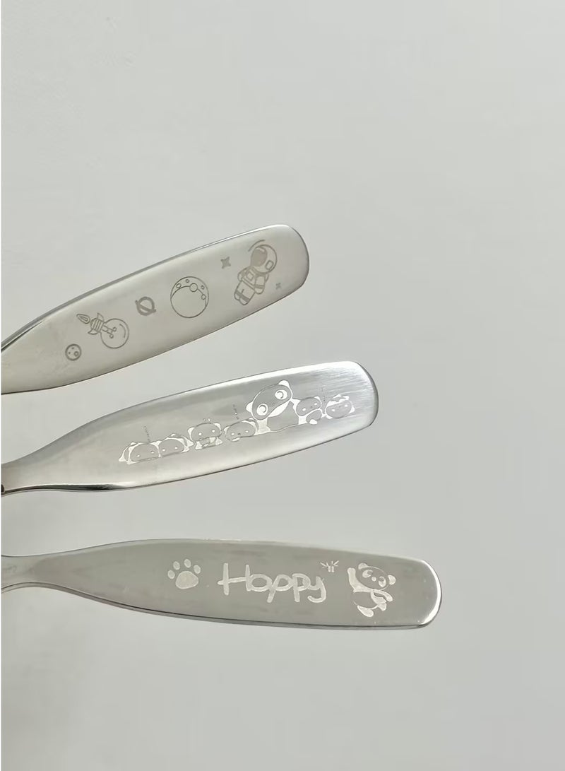 3 PCS الكرتون لطيف الفولاذ المقاوم للصدأ ملعقات وشوكات ، لطيف طويل التعامل مع الملعقات المنزلية ، حساء الأطفال والحلويات ، ملعقات الأطفال والشووك - Image 1