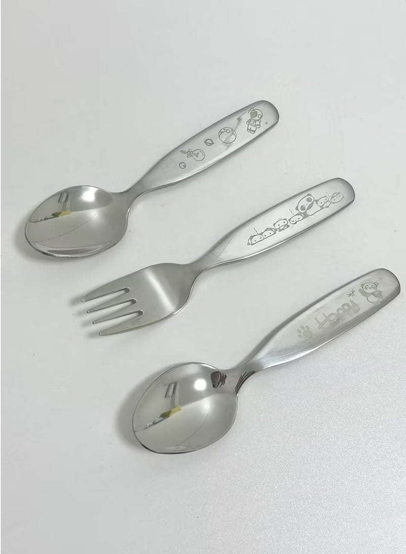 3 PCS الكرتون لطيف الفولاذ المقاوم للصدأ ملعقات وشوكات ، لطيف طويل التعامل مع الملعقات المنزلية ، حساء الأطفال والحلويات ، ملعقات الأطفال والشووك - Image 2