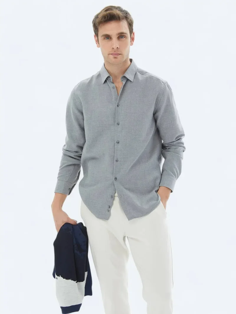 Kip Grey Plain Regular Fit Weaving Casual Cotton Blended Shirt