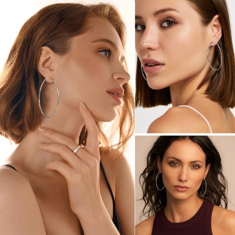 EXGOX Large Silver Hoop Earrings - Diamond-Cut Sterling Silver Hoops - Hypoallergenic - Lightweight Oversize 30/40/50/60/70MM - Image 4