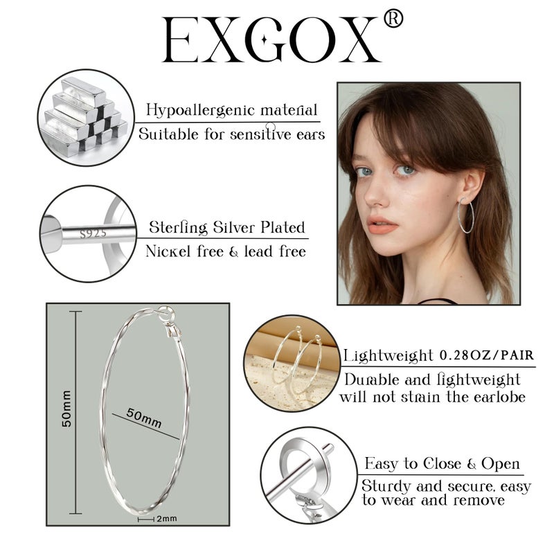 EXGOX Large Silver Hoop Earrings - Diamond-Cut Sterling Silver Hoops - Hypoallergenic - Lightweight Oversize 30/40/50/60/70MM - Image 3
