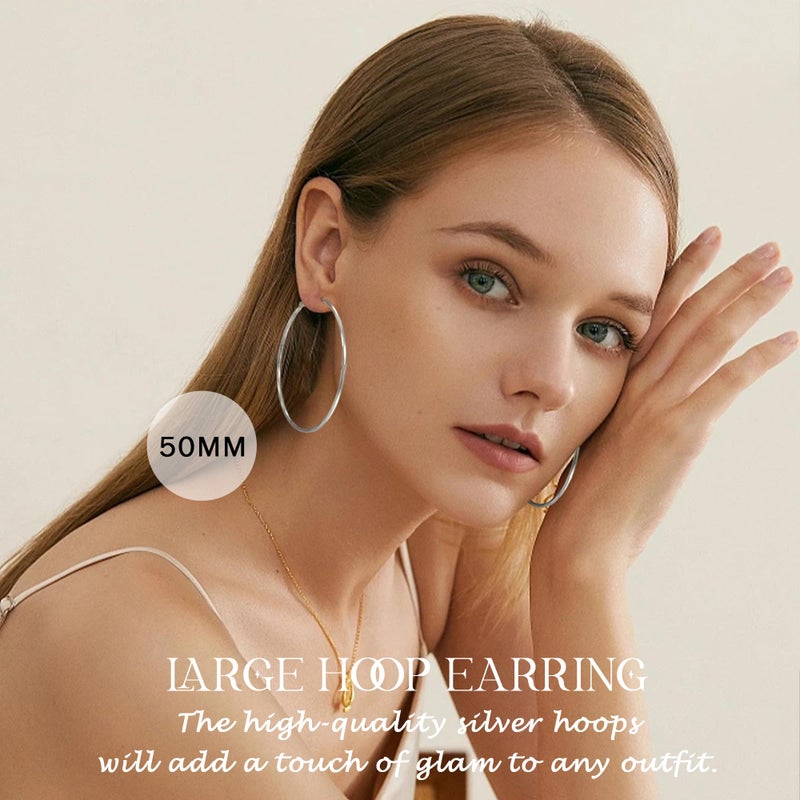 EXGOX Large Silver Hoop Earrings - Diamond-Cut Sterling Silver Hoops - Hypoallergenic - Lightweight Oversize 30/40/50/60/70MM - Image 2