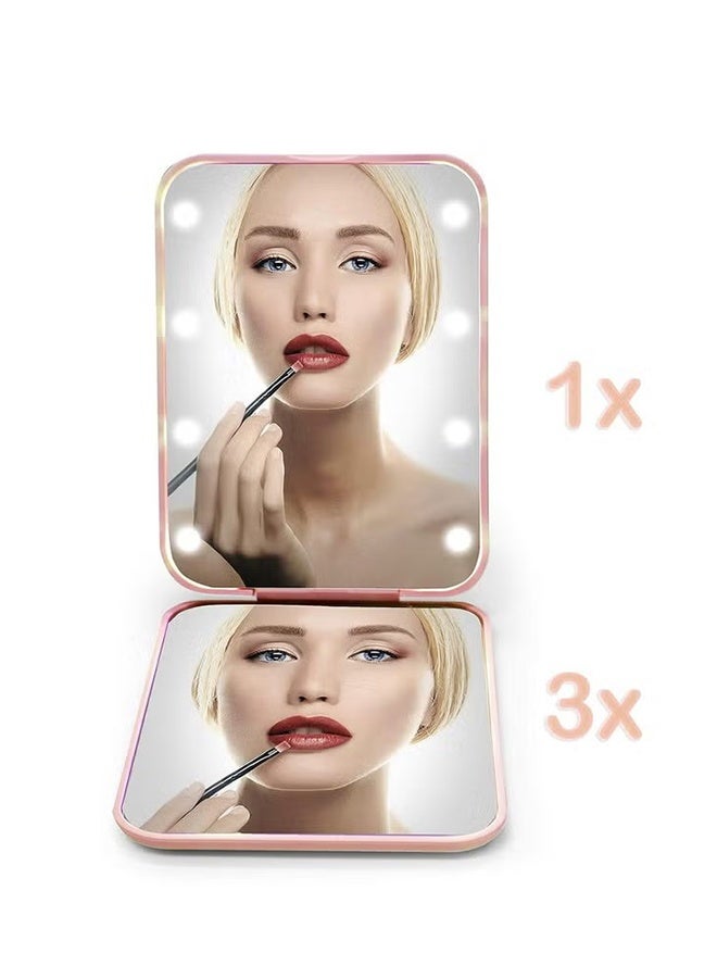 هابي دي مرآة جيب، بحجم تكبير 1X/3X، مرآة مكياج مضغوطة للسفر مزودة بإضاءة، مزدوجة الجوانب، محمولة، قابلة للطي، يديوية (وردية) - Image 4