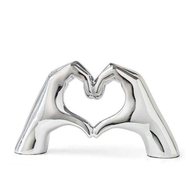 FJS HOME DECOR SILVER LOVE HEART HANDS STATUE MODERN ART SCULPTURE HOME DECORATIONS FOR LIVING ROOM BEDROOM SHELF COFFEE TABLE CENTERPIECE GIFT FOR WOMEN WEDDING 55 W X 98 H
