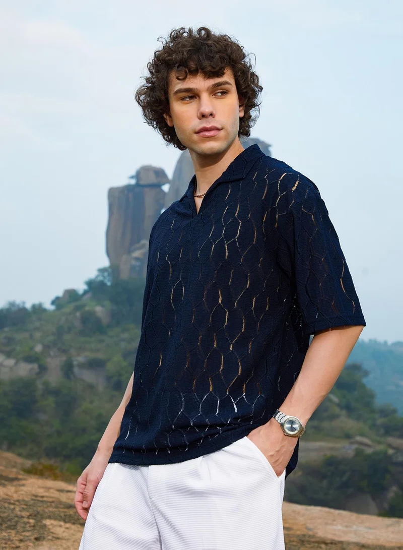 CAHOOT  Men's Prussian Blue Honeycomb-Knit Polo T-Shirt for Men | Best Price UAE