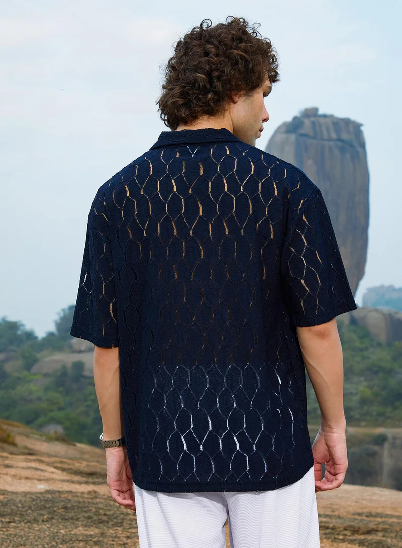 CAHOOT  Men's Prussian Blue Honeycomb-Knit Polo T-Shirt for Men | Best Price UAE