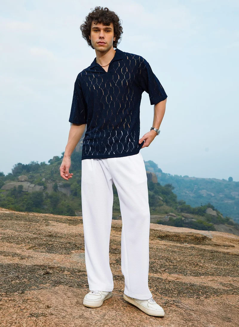 CAHOOT  Men's Prussian Blue Honeycomb-Knit Polo T-Shirt for Men | Best Price UAE