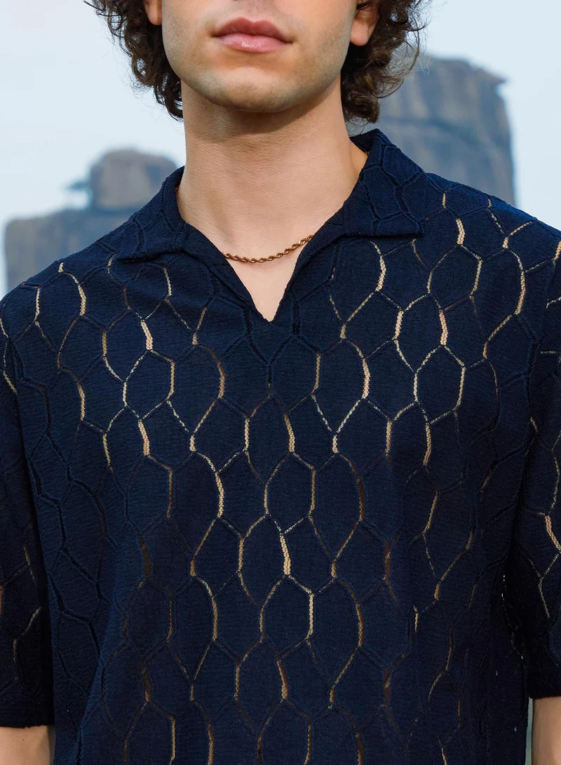 CAHOOT  Men's Prussian Blue Honeycomb-Knit Polo T-Shirt for Men | Best Price UAE