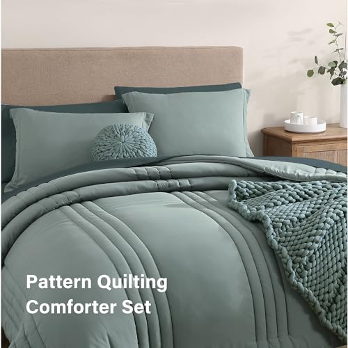 Monbix Queen Comforter Set - 7 Pieces Sage Green Bed in a Bag Queen Bedding Sets with Comforters, All Seasons Comforter Bed Set with Sheets,Pillowcases & Shams - Image 4