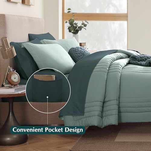 Monbix Queen Comforter Set - 7 Pieces Sage Green Bed in a Bag Queen Bedding Sets with Comforters, All Seasons Comforter Bed Set with Sheets,Pillowcases & Shams - Image 3