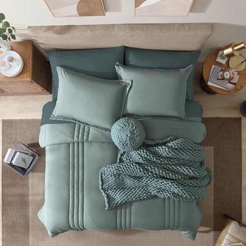 Monbix Queen Comforter Set - 7 Pieces Sage Green Bed in a Bag Queen Bedding Sets with Comforters, All Seasons Comforter Bed Set with Sheets,Pillowcases & Shams - Image 2