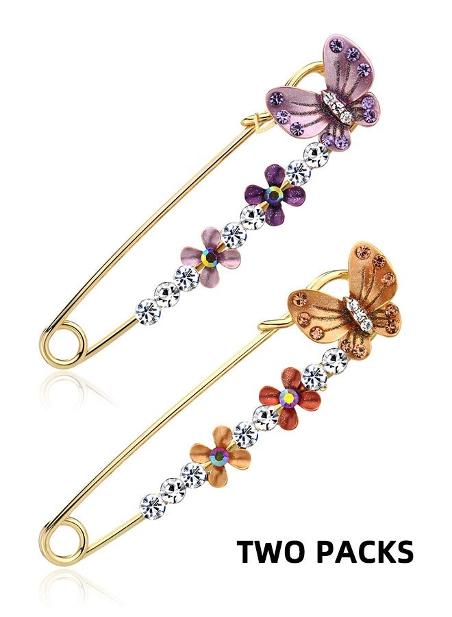 قطعتان من بروش زهرة الفراشة، دبابيس بروش مصنوعة من سبائك معدنية مقاومة للصدأ والبهتان، مشبك وشاح، مشبك وشاح كورسيج للنساء والفتيات (برتقالي + بنفسجي) - Image 1
