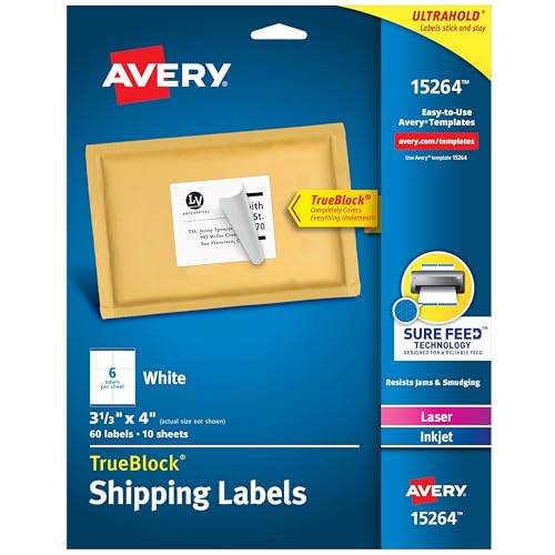 Avery Shipping Labels with TrueBlock, Laser/Inkjet Printers, 3-1/3"x4", White, Box of 60 (15264) - Image 1