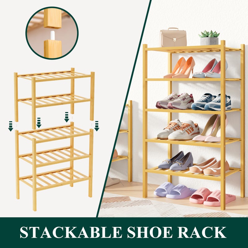 Smiry Bamboo Shoe Rack for Closet, 3 Tier Small Wooden Stackable Shoe Organizer, Free Standing Shoes Storage Shelf for Entryway, Front Door Entrance, Natural - Image 4