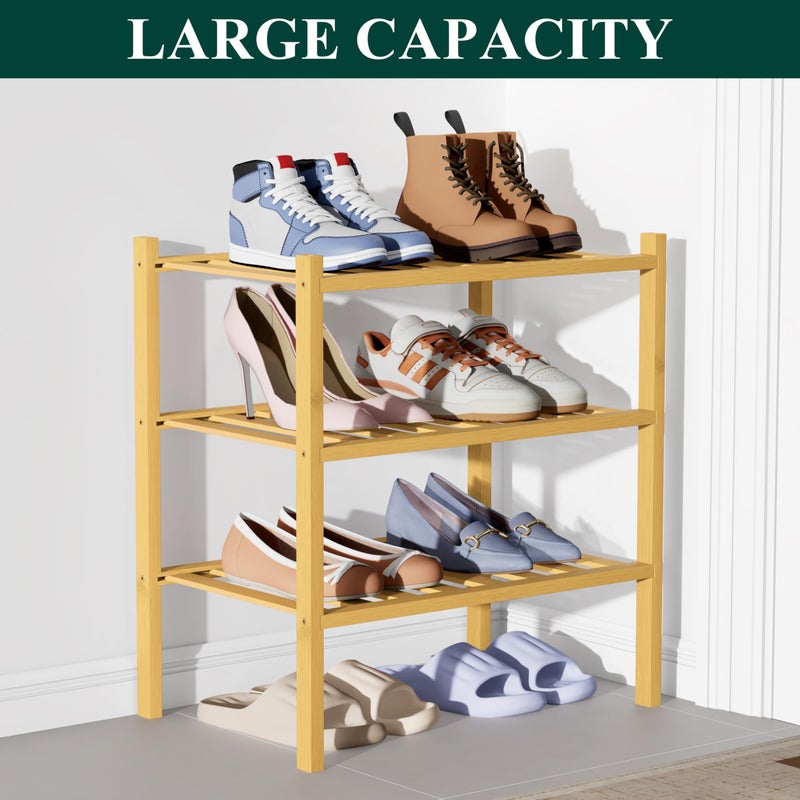 Smiry Bamboo Shoe Rack for Closet, 3 Tier Small Wooden Stackable Shoe Organizer, Free Standing Shoes Storage Shelf for Entryway, Front Door Entrance, Natural - Image 5