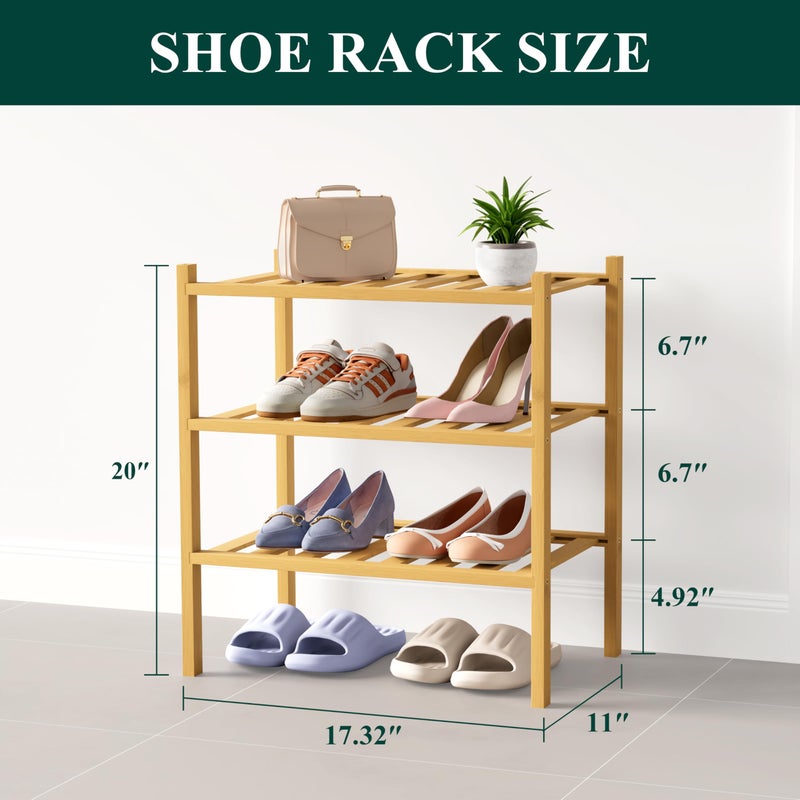 Smiry Bamboo Shoe Rack for Closet, 3 Tier Small Wooden Stackable Shoe Organizer, Free Standing Shoes Storage Shelf for Entryway, Front Door Entrance, Natural - Image 2