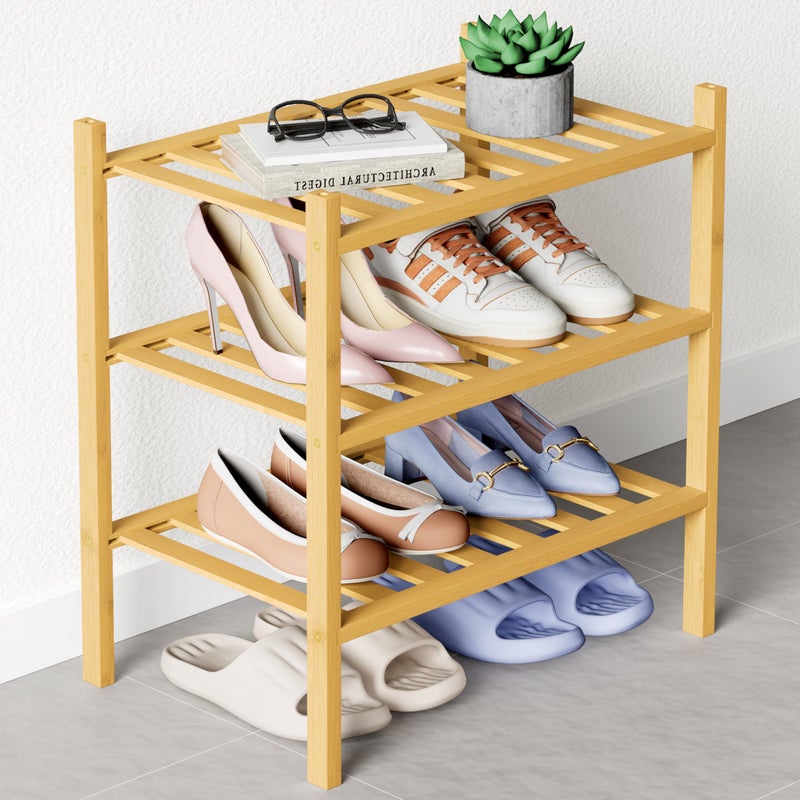 Smiry Bamboo Shoe Rack for Closet, 3 Tier Small Wooden Stackable Shoe Organizer, Free Standing Shoes Storage Shelf for Entryway, Front Door Entrance, Natural - Image 1