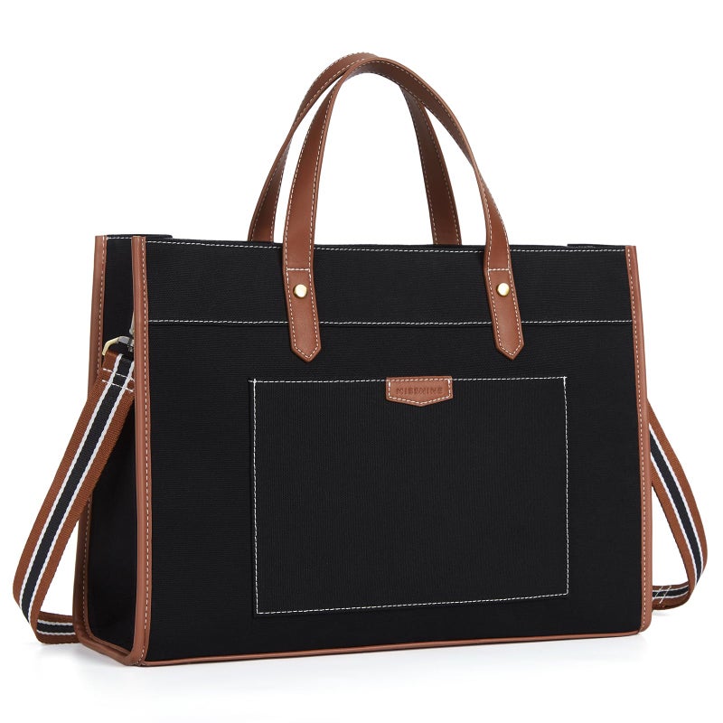 Missnine Laptop Tote Bag Canvas Laptop Bag 15.6 inch Work Shoulder Bags Casual Briefcase Handbag for Travel, Office, College (Black+Brown) - Image 1
