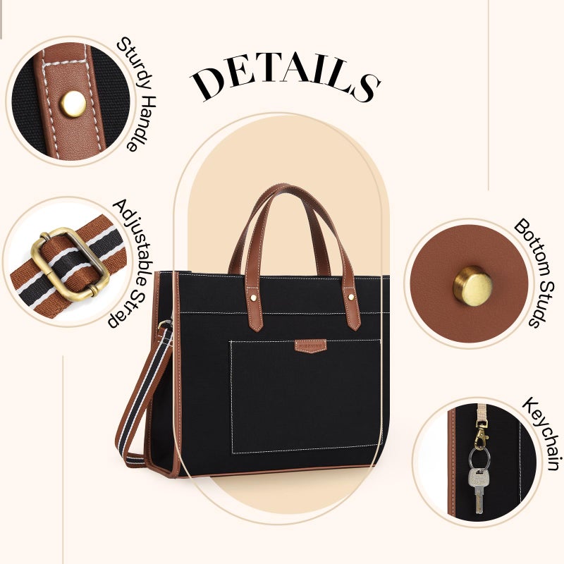 Missnine Laptop Tote Bag Canvas Laptop Bag 15.6 inch Work Shoulder Bags Casual Briefcase Handbag for Travel, Office, College (Black+Brown) - Image 5