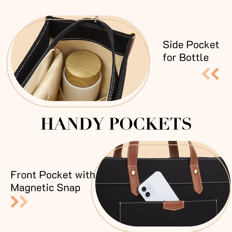 Missnine Laptop Tote Bag Canvas Laptop Bag 15.6 inch Work Shoulder Bags Casual Briefcase Handbag for Travel, Office, College (Black+Brown) - Image 4
