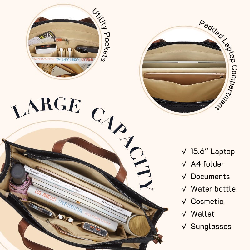 Missnine Laptop Tote Bag Canvas Laptop Bag 15.6 inch Work Shoulder Bags Casual Briefcase Handbag for Travel, Office, College (Black+Brown) - Image 3