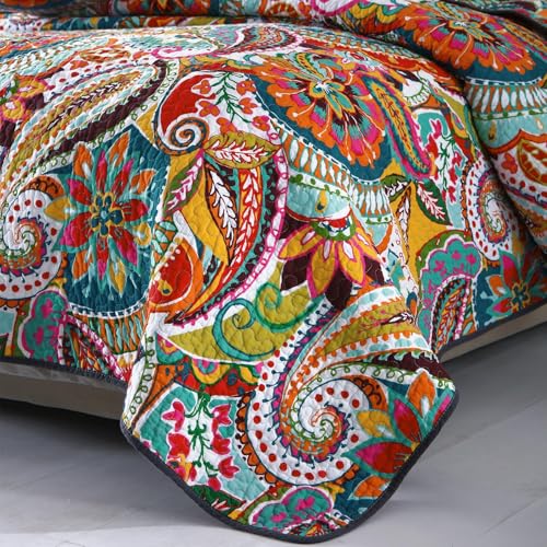 Qucover King Size Quilt Bedding Set, 100% Cotton Boho Bedspread, Vibrant Colorful Gorgeous Paisley Print Coverlet for Living Bedroom, Bed Cover with 2 Pillow Shams, 98x106 Inches - Image 4