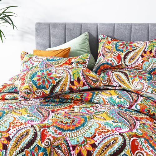 Qucover King Size Quilt Bedding Set, 100% Cotton Boho Bedspread, Vibrant Colorful Gorgeous Paisley Print Coverlet for Living Bedroom, Bed Cover with 2 Pillow Shams, 98x106 Inches - Image 2