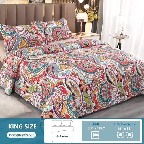 Qucover King Size Quilt Bedding Set, 100% Cotton Boho Bedspread, Vibrant Colorful Gorgeous Paisley Print Coverlet for Living Bedroom, Bed Cover with 2 Pillow Shams, 98x106 Inches - Image 3