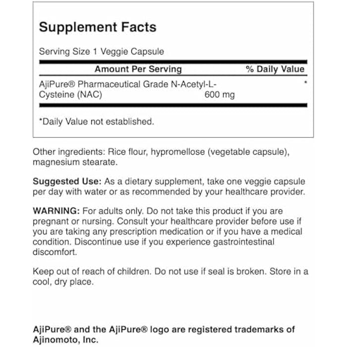 Swanson Amino Acid Ajipure N-Acetyl-L-Cysteine Pharmacecal Grade 600 Milligrams 60 Veg Capsules - Image 2