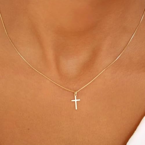 Rotnso Cross Necklace for Women 14K Gold Plated Dainty Small Cross Pendant Choker Simple Trendy Cute Cross Charm Box Chain Necklace Easter Basket Stuffers Baptism Religious Faith Jewelry Gift - Image 2