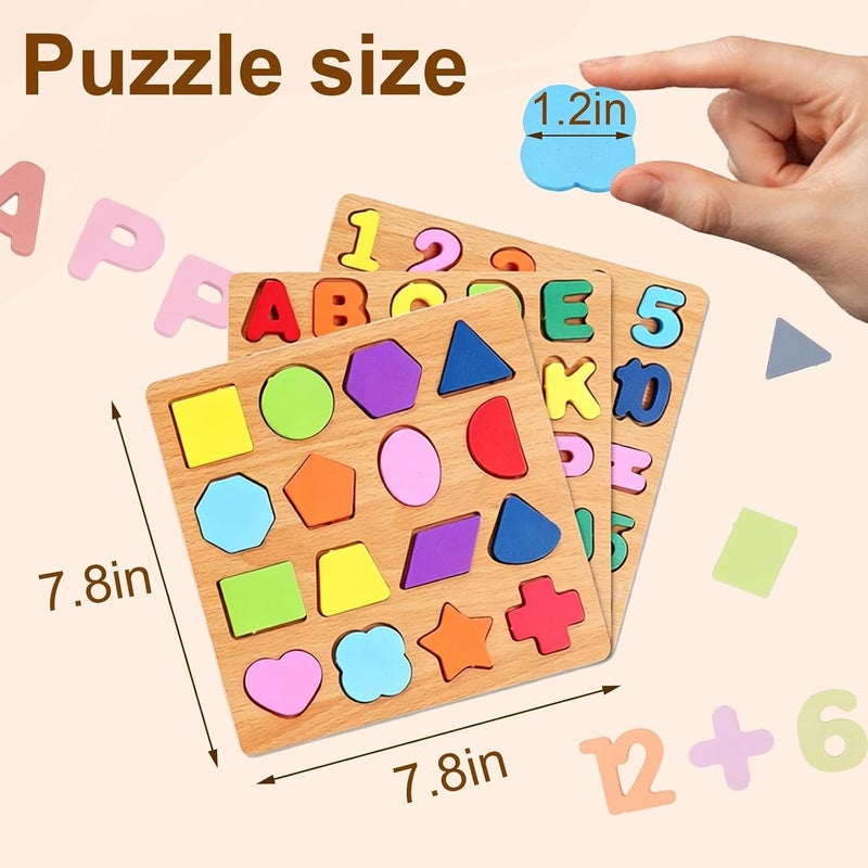 Winbar Wooden Puzzles for Toddlers, 3pack Alphabet Shape Puzzles for Kids 1-3 Wooden Montessori Toddler Puzzles Wooden Alphabet Number Shape Puzzles for Kids 1-3 Years Old Boys & Girls | 3 in 1 Wooden Puzzle, Alphanumeric Graphics Cognitive, for toddlers 3-5 make, natural wood, gift for a birthday - Image 2