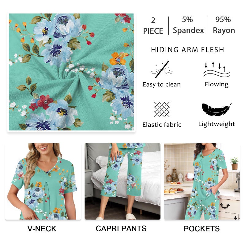 Anyally Women's Summer Pajama Set Plus Size Short Sleeve Shirt and Pajama Pants 2 Piece Sleepwear Pleated Ladies Pjs Sets with Pockets, XL Mint Green - Image 4
