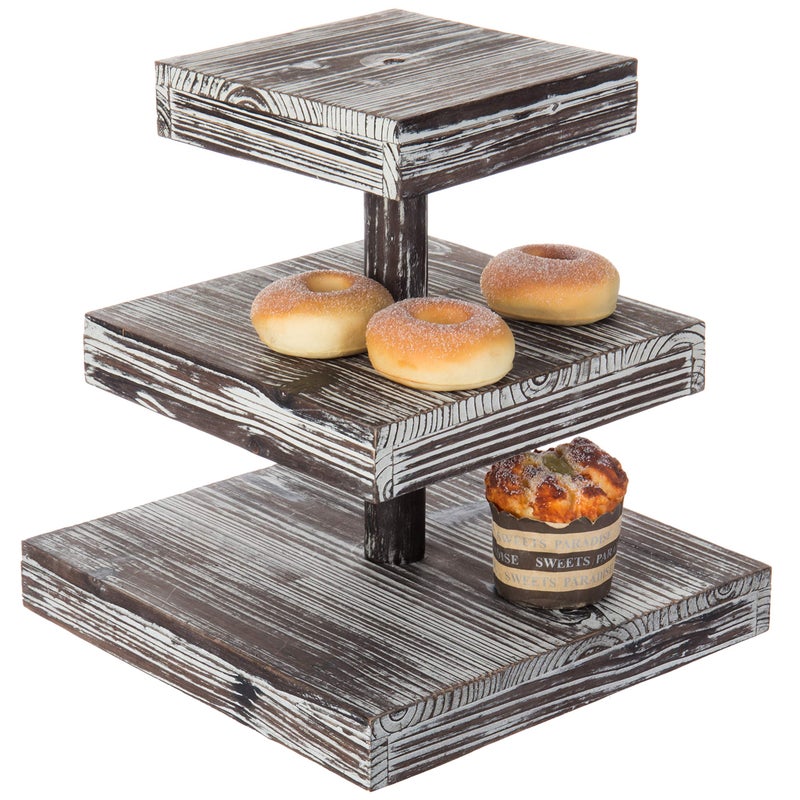 MyGift 3 Tier Rustic Torched Wood Square Cupcake Tower and Cake Stand Tiered Wooden Dessert Serving Tray Appetizer Display Riser Tea Party Table Decor