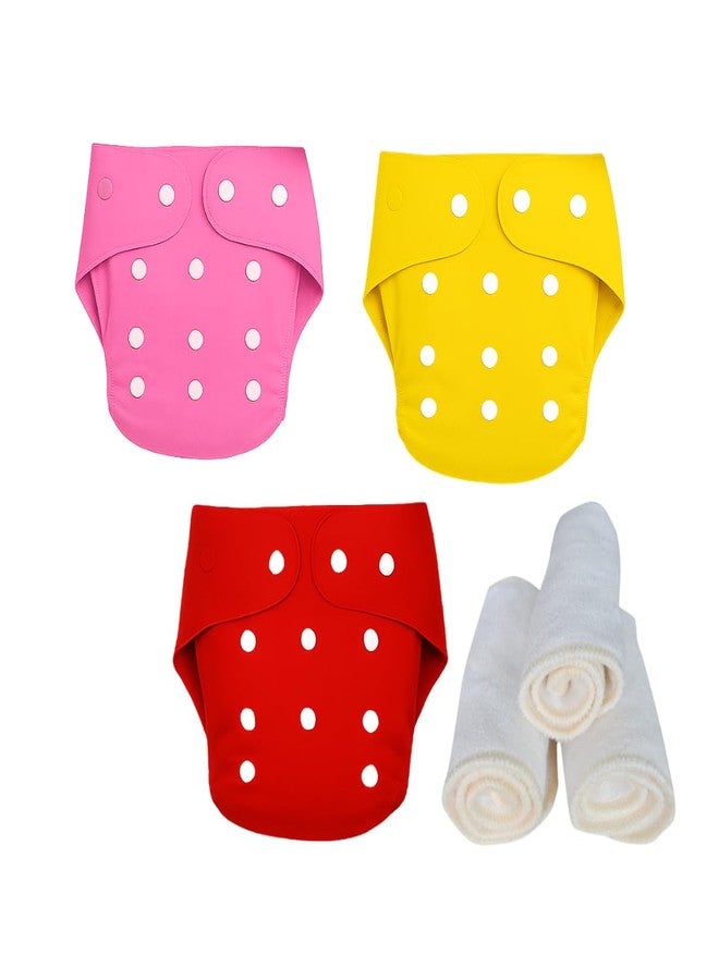 Softlia Reusable Cloth Diapers for Babies | Washable & Eco-Friendly Baby Nappies | Adjustable Leak-Proof Cloth Diaper Set with Soft Inserts (3, Pink,Yellow&Red, Free Size) - Image 1